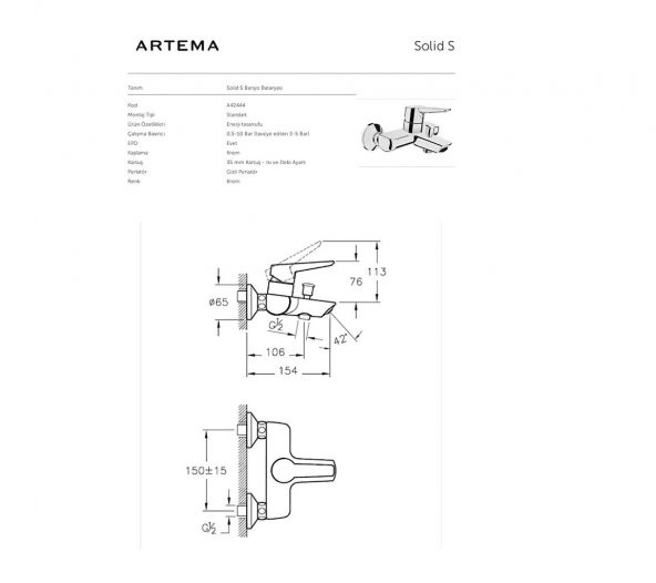 Artema Solid S Banyo Duş Bataryası A42444 - Resim 2