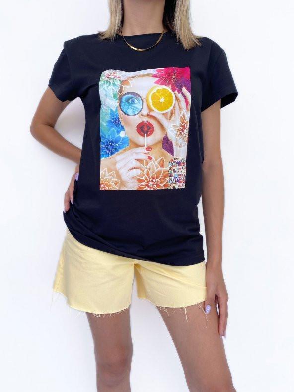 Kadın Baskılı Basic Siyah Tshirt ürün görseli 1