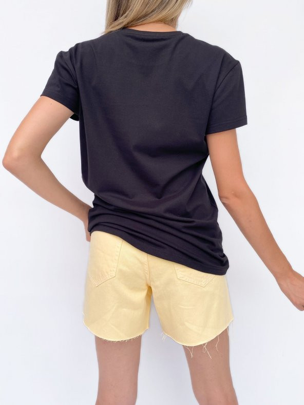 Kadın Baskılı Basic Siyah Tshirt - Resim 3