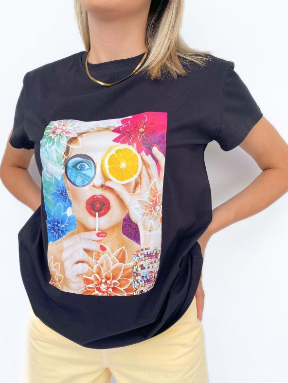 Kadın Baskılı Basic Siyah Tshirt - Resim 4
