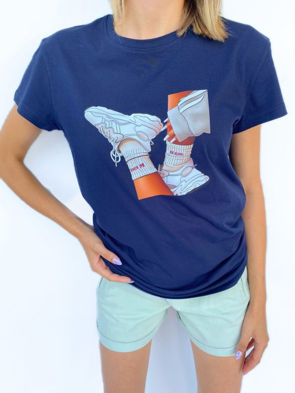 Kadın Baskılı Basic Lacivert Tshirt - Resim 2