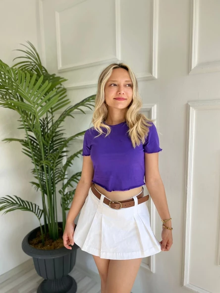 Kadın Büzgü Detaylı Crop Mor Tshirt ürün görseli 1