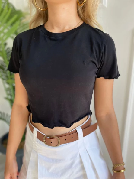 Kadın Büzgü Detaylı Crop Siyah Tshirt - Resim 2