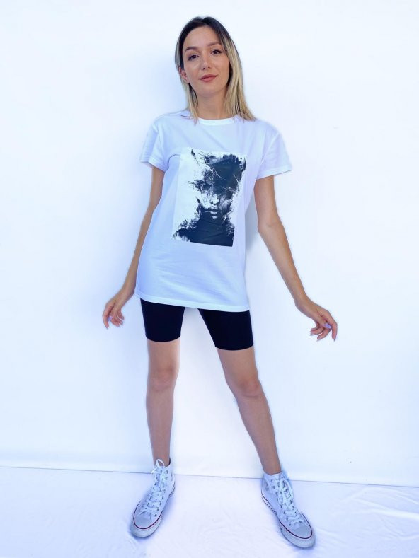 Kadın Women Face Baskılı Basic Beyaz Tshirt - Resim 2