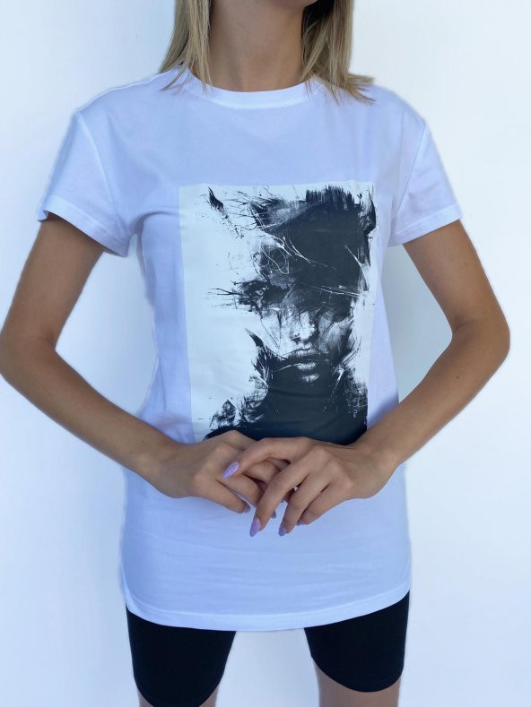 Kadın Women Face Baskılı Basic Beyaz Tshirt - Resim 4