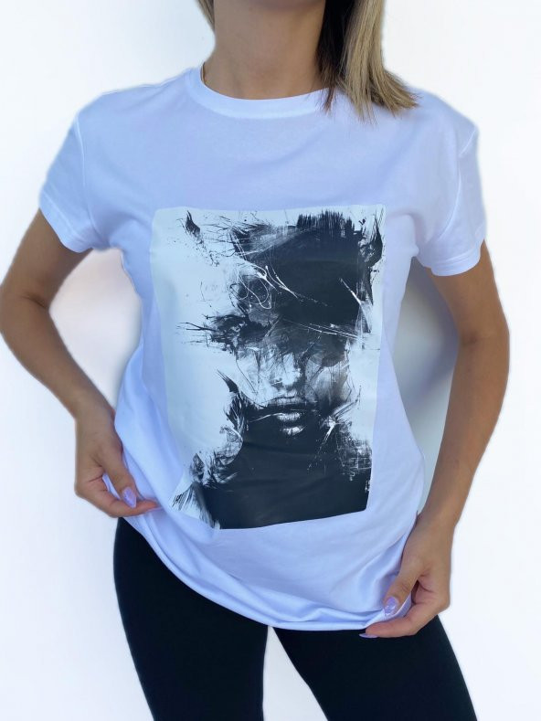 Kadın Women Face Baskılı Basic Beyaz Tshirt ürün görseli 1