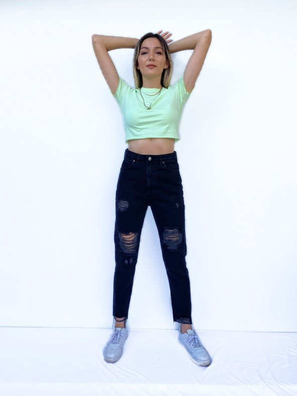 Kadın Büzgü Detaylı Crop Mint Tshirt - Resim 3