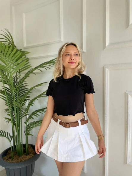 Kadın Büzgü Detaylı Crop Siyah Tshirt ürün görseli 1