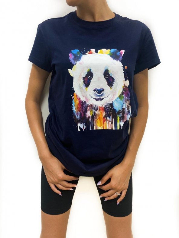 Kadın Panda Baskılı Basic Lacivert Tshirt ürün görseli 1