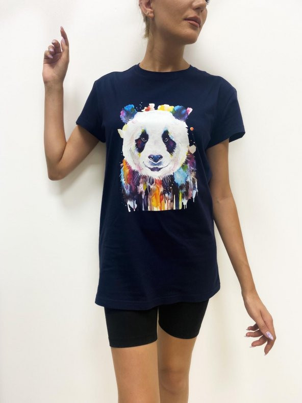 Kadın Panda Baskılı Basic Lacivert Tshirt - Resim 4