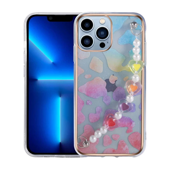 iPhone 13 Pro Max Kılıf Pilla Renkli Kalp Desenli Tutacak Kılıf ürün görseli 1