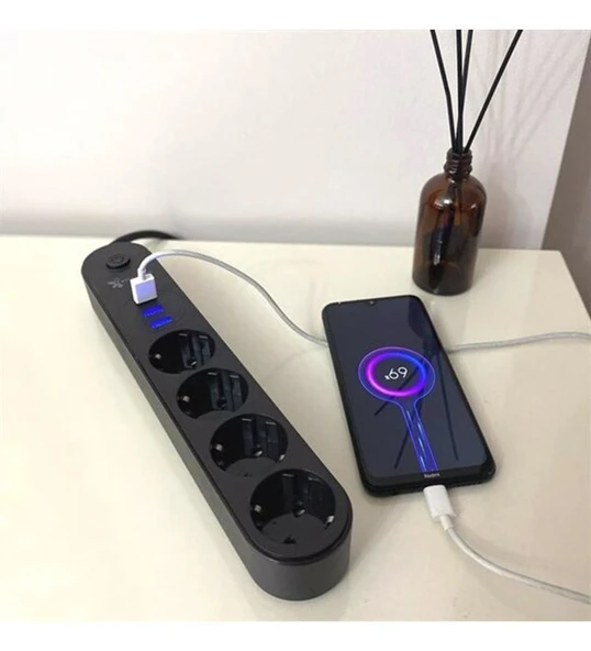 Akım Korumalı 2 Usb Li 3 Lü Priz Açma Kapama Anahtarlı 2 Metre Kablo Uzunluğu 4 Lü Çoklu Priz ürün görseli 1