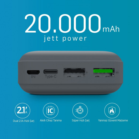 Jettpower 0662 2.1A Micro USB + Type-C 20000 Mah Powerbank ürün görseli 1
