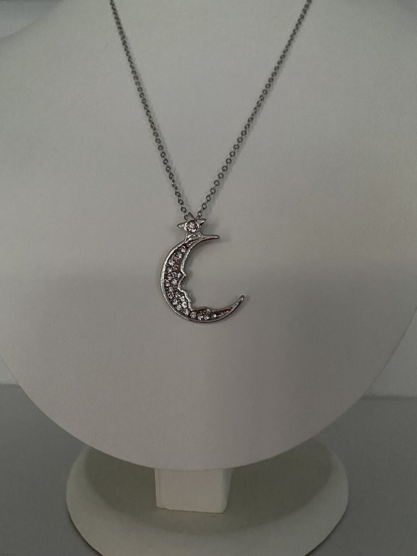 Ay Figürlü Mini Yıldız Detaylı Kolye Gümüş Renk ürün görseli 1