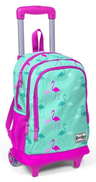 Coral High Yeşil Pembe Flamingo Baskılı Çekçek Okul Çantası - Işıklı Terkerlekler ürün görseli 1
