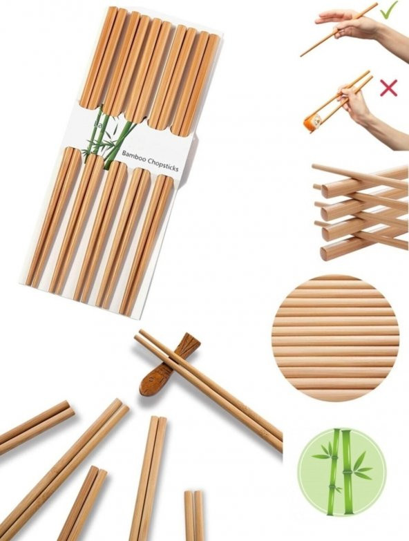 10 Çift - 20 Adet Yıkanabilir Organik Bambu Çin Yemek Çubuğu Chopsticks Çin Çubuk - Çin Çubukları ürün görseli 1