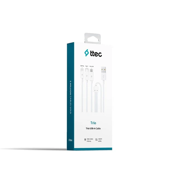 Ttec Trio Şarj Kablosu Type-C,Lightning,Micro USB  120cm Beyaz - 2DK7521 - Resim 3