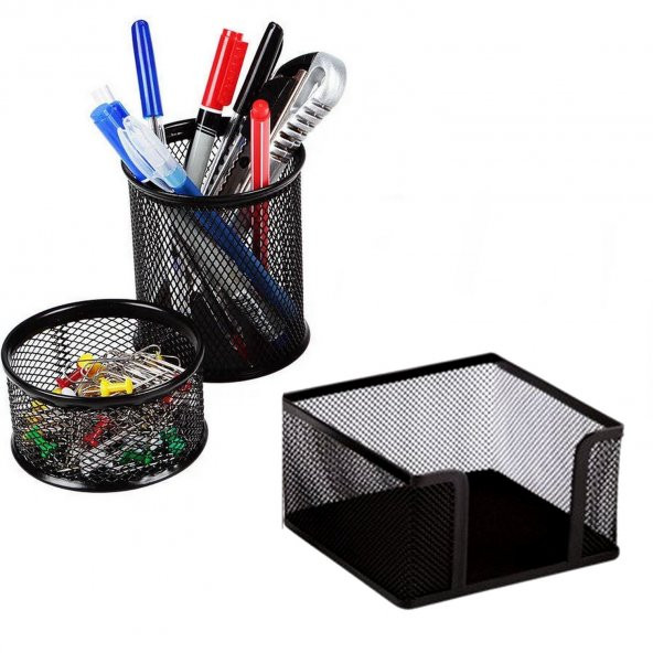 Masaüstü 3lü Set Siyah Kalemlik + Ataşlık + Küp Notluk ürün görseli 1