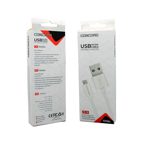 Concord C-321 2.1A 100cm (Micro) Data ve Şarj Kablosu - Beyaz - Resim 3