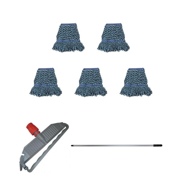 Cod-Ex Geniş Yedek Islak Mop Paspas Takımı - 5 ad 25 Cm. 500 Gr. Islak Mop + Mop Tutucu + Metal Vidalı Sap ürün görseli 1