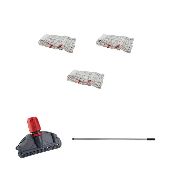 Dar Yedek Islak Mop Takımı - 3 Adet Beyaz 350 Gr. 17 Cm. Islak Mop + Metal Sap + Mop Tutucu ürün görseli 1