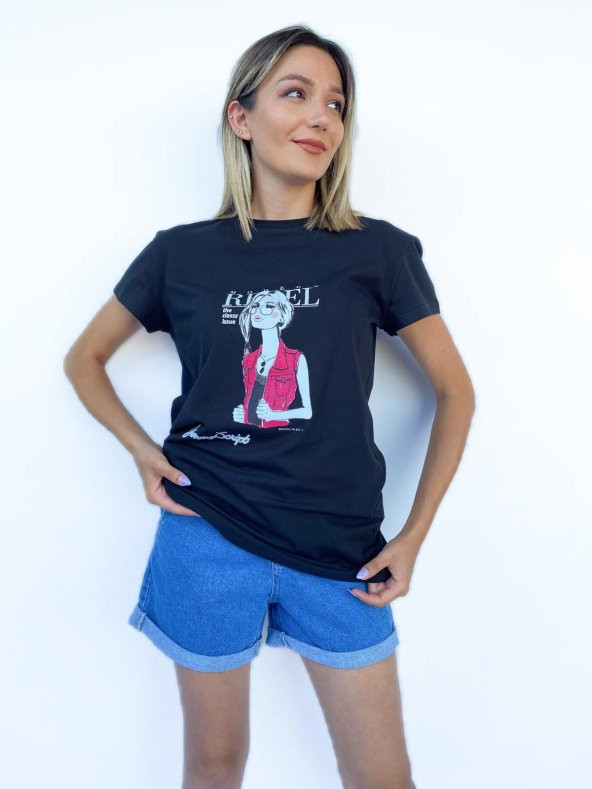 Kadın Women Baskılı Basic Siyah Tshirt ürün görseli 1