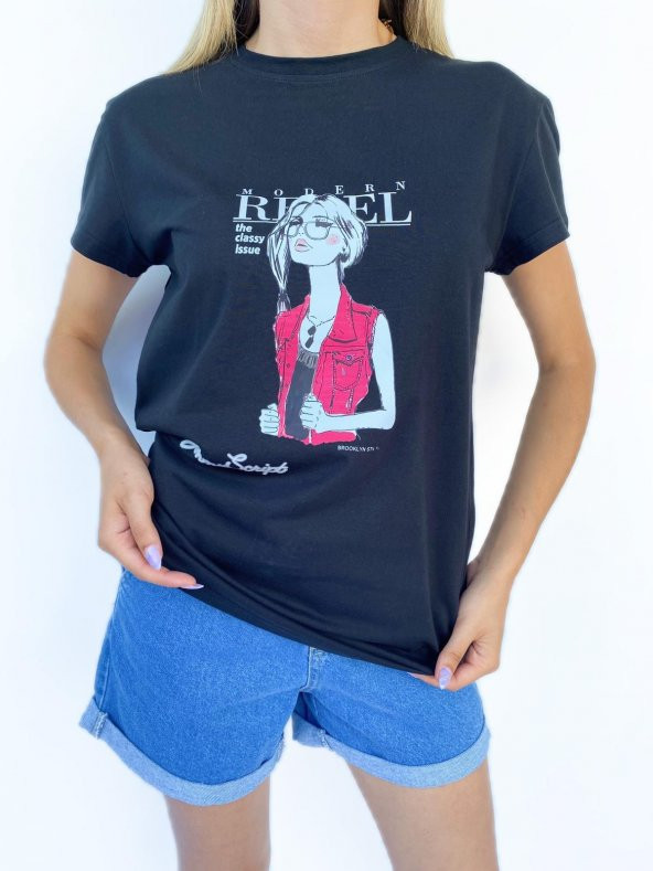 Kadın Women Baskılı Basic Siyah Tshirt - Resim 2