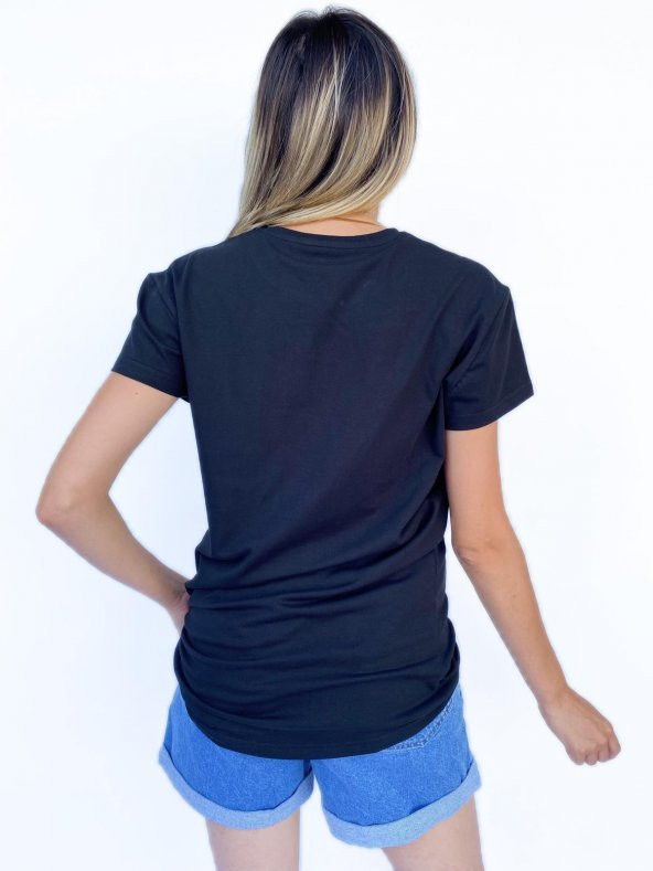 Kadın Women Baskılı Basic Siyah Tshirt - Resim 3