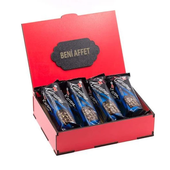 Sevdiklerinize Özel Kırmızı Ahşap Hediye Kutusunda 4 Adet Eti Karam Gurme Bitter Çikolatalı ( Beni Affet Yazılı ) ürün görseli 1