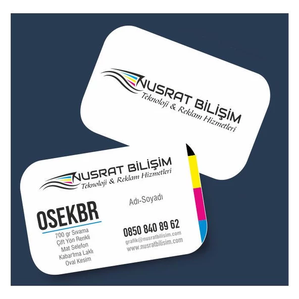 Kartvizit 700 gr Sıvama Mat Selefon Kabartma Laklı Çift Yüz Oval Kesim 8,3x5,1 cm 1.000 Adet ürün görseli 1