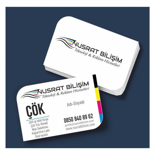Kartvizit 350 gr Mat Kuşe Çift Yüz 4 Renk Mat Selefonlu Kabartma Laklı Özel Kesim 8,3x5,1 cm 1.000 Adet ürün görseli 1