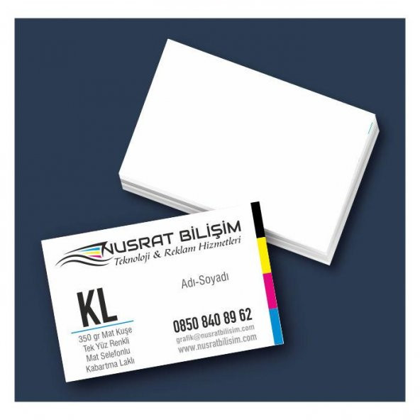 Kartvizit 350 gr Mat Kuşe Tek Yüz 4 Renk Mat Selefonlu Kabartma Laklı 8,3x5,1 cm 1.000 Adet ürün görseli 1