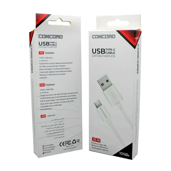Concord C-821 2.1A 100cm (Type-c) Data ve Şarj Kablosu - Beyaz - Resim 3