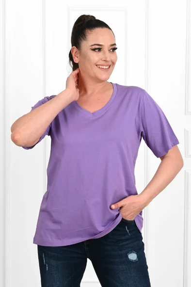 Kadın V Yaka Basic Büyük Beden T-Shirt 1297-22 ürün görseli 1