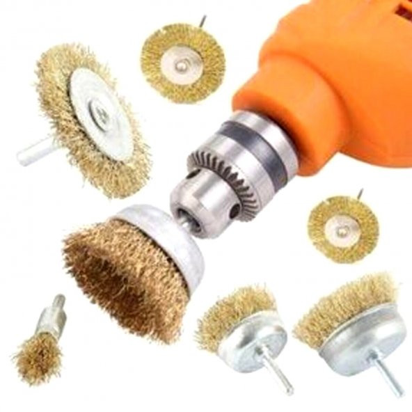 6 Parça Pimli Matkap Tel Fırça Seti Saçaklı Fırça (38mm+50mm+75mm+100mm) Dairesel +25mm Kalem+75mm ürün görseli 1