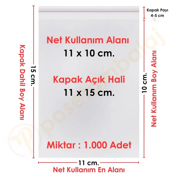 11x10+5 cm. (11x15) 1.000 Adet - Şeffaf Bantlı Yapışkanlı OPP Jelatin Poşet ürün görseli 1