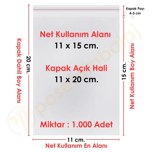 11x15+5 cm. (11x20) 1.000 Adet - Şeffaf Bantlı Yapışkanlı OPP Jelatin Poşet ürün görseli 1