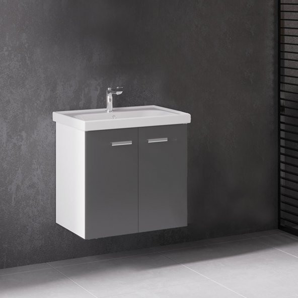 Denko Terra 60 cm MDF Antrasit Gri Banyo Dolabı Alt Modül ve Lavabo ürün görseli 1