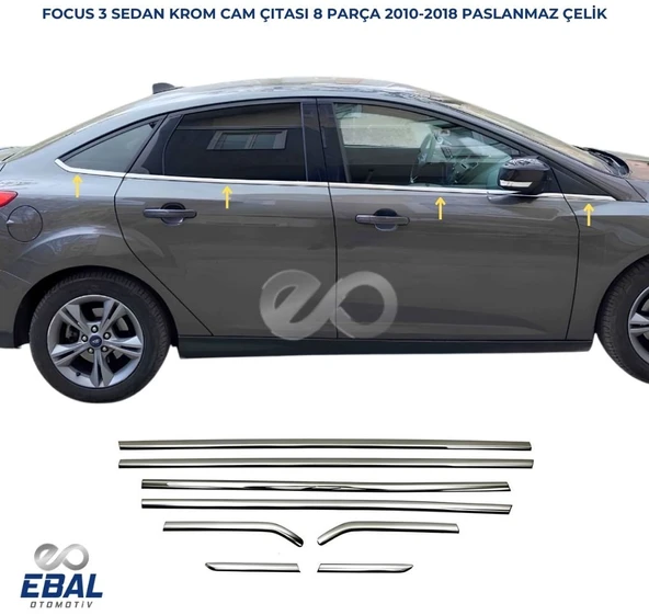 Focus 3 Sedan Krom Cam Çıtası 8 parça 2010-2018 arası Paslanmaz Çelik ürün görseli 1