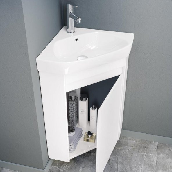 Orka Zag 45 cm Beyaz Köşe Banyo Dolabı Alt Modül ve Lavabo ürün görseli 1