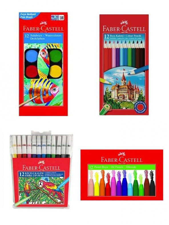 FABER 12 Lİ SULU BOYA + KURU KALEM BOYA + PASTEL BOYA + KEÇELİ KALEM ürün görseli 1