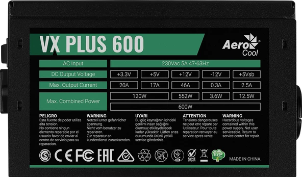 AEROCOOL VX PLUS 600W GÜÇ KAYNAĞI AE-VXP600 - Resim 3