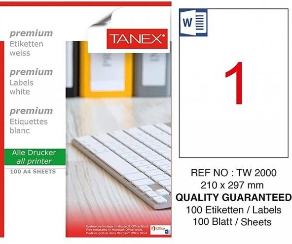 Bilgisayar Etiketi Tw-2000 210x297 mm 100 Lü Lazer Etiket 1 Paket Tanex Davetiye Kargo Etiketi ürün görseli 1
