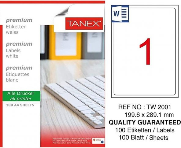Bilgisayar Etiketi Tw-2001 199.60x289.10 mm 100 Lü Lazer Etiket 1 Paket Tanex Davetiye Kargo Etiketi ürün görseli 1