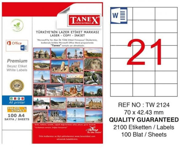 Bilgisayar Etiketi Tw-2124 70x42,43 mm 100 Lü Lazer Etiket 1 Paket Tanex Davetiye Kargo Etiketi ürün görseli 1