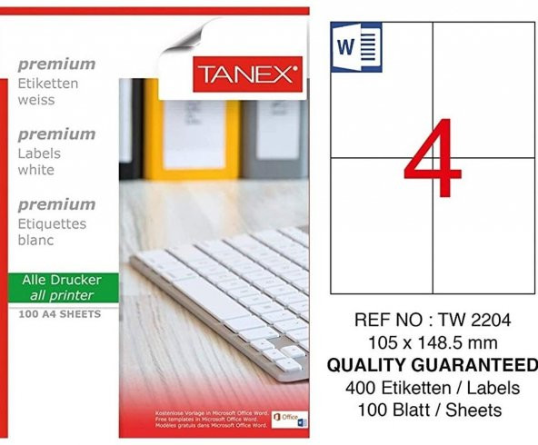 Bilgisayar Etiketi Tw-2204 105x148,50 mm 100 Lü Lazer Etiket 1 Paket Tanex Davetiye Kargo Etiketi ürün görseli 1
