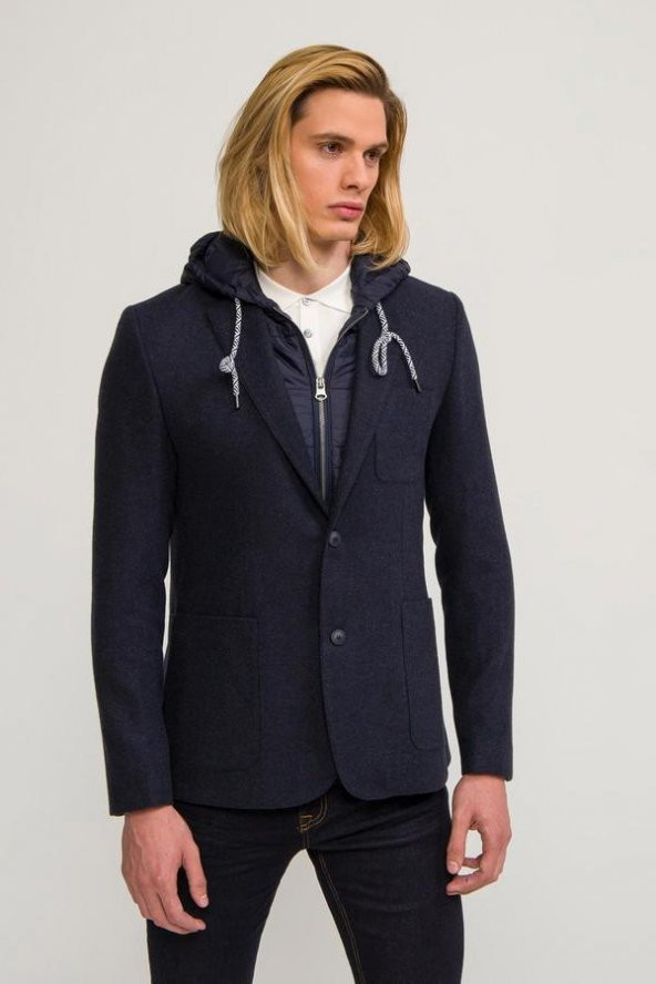 CEKMON Erkek İçi Kapitoneli Kapüşonlu Dışı Yün Rahat Spor Blazer Ceket - Resim 2