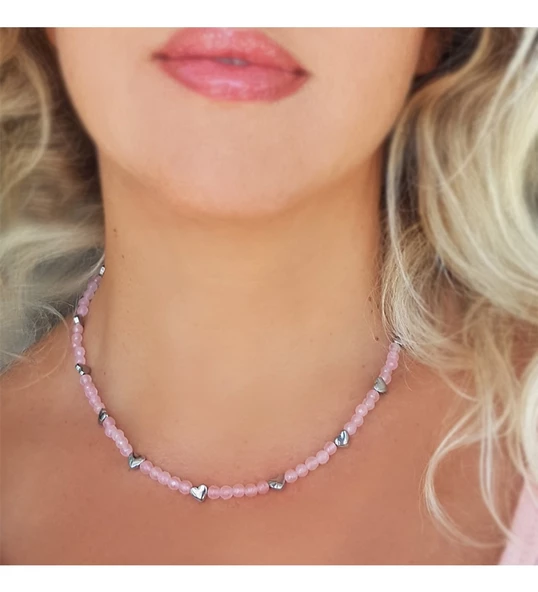 Vaoov 925 Ayar Gümüş Pembe Kuvars ve Hematit Taşlı Kalp Kolye ürün görseli 1