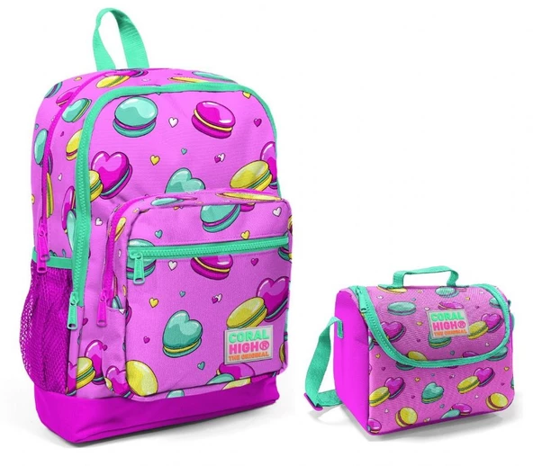 Coral High Pembe Makaron Baskılı Kız Çocuk İlkokul Çantası ve Beslenme Seti ürün görseli 1