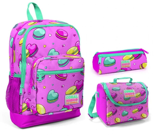 Coral High Makaron Baskılı Kız Çocuk 3'lü İlkokul Çanta Seti ürün görseli 1